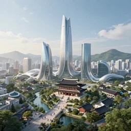 landscape, korean style city of the future, fantastic space