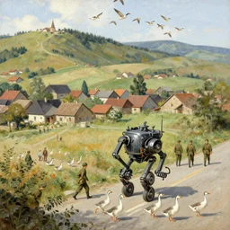 a small village in the hills, a 1920's bipedal walking mech and soldiers passing through, geese crossing the road with some locals, painted by Jakub Rozalski