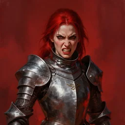 half - length portrait of an angry female knight. wrath, revenge, emotions, dramatic, red. fantasy, digital painting, hd, detailed.