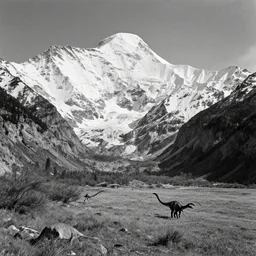 distant dinosaur in a valley, huge snowy peaks, in the style of ansel adams, black and white, old, master photography