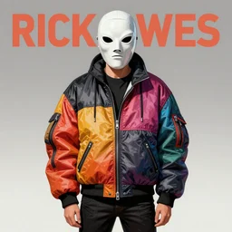 illustration of model in plastic space mask wearing baggy colorful 9 0 s rick owens jacket by frank frazetta. sci fi book cover. - c 1 0