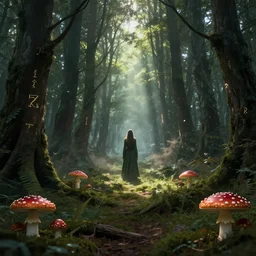 an ecological gothic scene with a beautiful druid in the distance, witch runes in the deep forest, magical clearing, sunshafts, dramatic lighting, dust motes floating in the sunlight, fly agaric, 4 k digital concept art