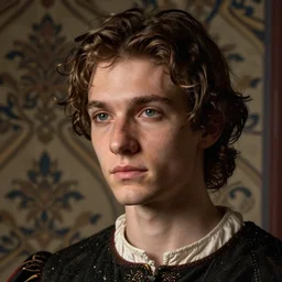 close - up portrait of renaissance dressed young man, background with wallpaper, photograph by irina ionesco