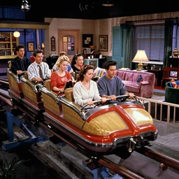 1990s photo of inside the Friends Show roller coaster at Universal Studios in Orlando, Florida, riding a sofa roller coaster through the Friends apartments , cinematic, UHD