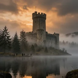the tower of a castle emerging from a lake, fog, fir trees, dramatic atmosphere, gloomy, orange light in the clouds, medieval adventurers in lord of the rings scenery landscape, reflections, highly detailed, cinematic lighting, perfect composition, 4 k, gustave dore, derek zabrocki, greg rutkowski, belsinski, octane render