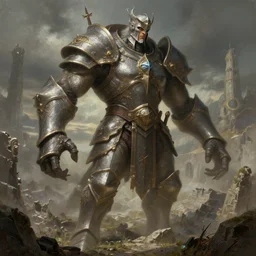 a male paladin go growing twice in size, ruins landscape, d & d, fantasy, intricate, highly detailed, digital painting, artstation, octane render, concept art, matte, sharp focus, illustration, hearthstone, art by artgerm and greg rutkowski and alphonse mucha