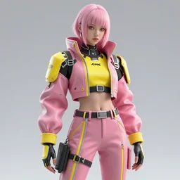 cyberpunk photorealistic character, tech wear outfit, pink and yellow, edgy, awe inspiring, artstation hd, 8 k, detailed, intricate, ornate, studio lights, golden ratio, masterpiece