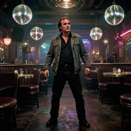 the full - body shot of very drunk unkempt drunkard brawler joaquin phoenix with sideburns worn in grey jacket in steampunk disco bar, still shot from withnail & i movie with cinematography of christopher doyle, frostpunk, dishonored, neon light, discoball light, anamorphic, optical flares, low contrast kodak film, sharp focus, 8 k