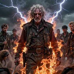 horkey, bussiere, mullins, barlowe, pennington sibylla merian rocha harris rocha zorn dahl artgerm bilibin wlop, vfx portrait of a hardened weathered elderly wicked man, war veteran, murderer of thousands of creatures, intense flame character made out of smoke and lightning