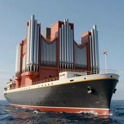 A highly detailed matte painting of a huge pipe organ ship in the ocean , volumetric lighting, octane render, 4K resolution, trending on artstation