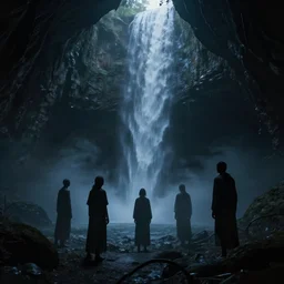 lost souls searching for nothing, concept art, darkness, big dark caverns, waterfall, dim lighting, ultra detailed, soft, mysterious, blue haze, scary