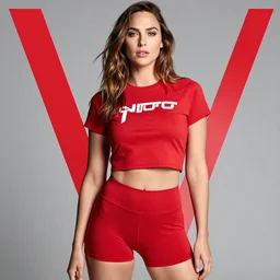gal gadot wearing crop red gym top with white lettering, cropped red yoga short, V magazine editorial by Mario Testino, masterwork