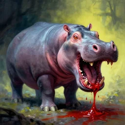 a ghostly haunting flesh eating hippo, arteries, drops of blood, vibrant color, by Giger and Jeffrey Smith and Emek Golan