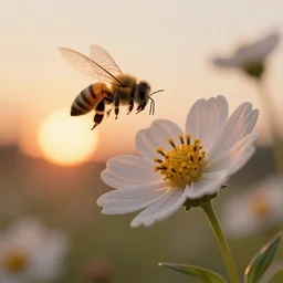 A bee flying into a flower during a sunset, award winning, trending on artstation, unreal engine