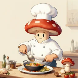 an anthropomorphic mushroom chef cooking a meal, art by greg rutkowski and alphonse mucha