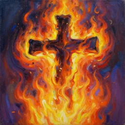 cross on fire gushing flames in rainbow colors, oil painting, bold strokes