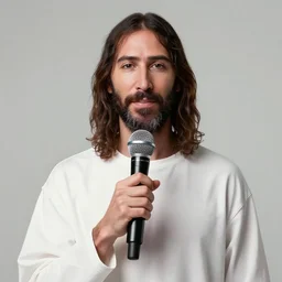 jesus the youtuber holds a microphone