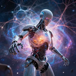 cyborg letting go of reality and experiencing the quantum feild, matte painting comic book art, cinematic, highly detailed, realistic, beautiful cosmic neural network, octane render, unreal engine, depth of field, trending on artstation, sharp focus, philosophical splashes of colors