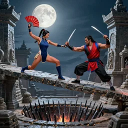 photo of kitana and baraka from mortal kombat 2 brutally fighting each other on a narrow stone catwalk over a pit that is full of long spikes, in a stone temple in the moonlight. kitana is holding folding - fans. baraka has long blades extending from his knuckles. kitana or baraka has fallen into the pit.