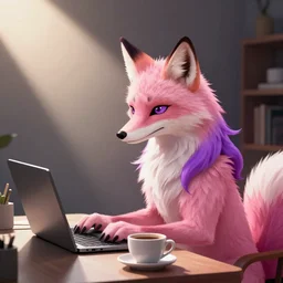 A light pink fox with purple hair sits at a desk typing on a laptop with a cup of coffee, digital furry art, furry fandom
