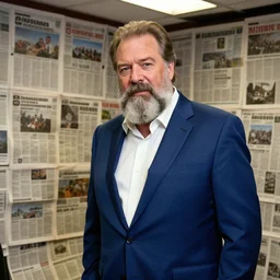 dslr photo still of infowars host alex jones in a blue suit fat grey beard and mustache in a!!! room filled to the ceiling with newspapers!!!, 5 2 mm f 1. 8