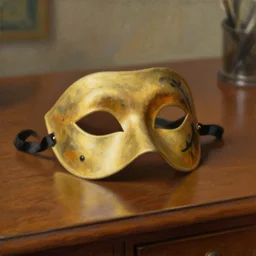 a painting of a masquerade mask sitting on a wooden desk by artgerm