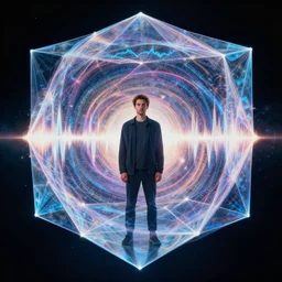 portrait of a man standing in the center of a high dimensional polytope hypercube dodecahedron tesseract made of energy and spacetime fluctuating at the oscillatory rate of brain waves jonas de ro jim mahfood mc escher maxfield parrish maximilian pirner 4k artstation wikiart wikipedia