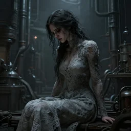 cinestill 5 0 d panorama of a woman by roversi, gloomy, pain, sad, intricate, elegant, sharp focus, artstation, dress in lace in a dystopian factory, pale brutal dark matte, sharp focus, illustration, octane render, unreal engine, art by roberto ferri greg rutkowski, epic fantasy, digital photo art