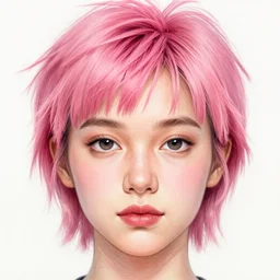 face portrait of a young woman with a heart - shaped face and dark eyes and short pink spiky hair, highly detailed, 4 k, drawing