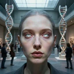 detailed face of a woman with opalescent eyes in a biomorphic courtyard with dna sculptures at a science expo, atmospheric, ambient, pj crook, syd mead, livia prima, artgerm, greg rutkowski, nick alm, casey baugh