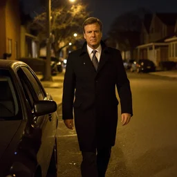 1 9 9 8 andy richter wearing a black wool coat and necktie in his car walking a dark residential street in chicago at night, dimmed yellow streetlights