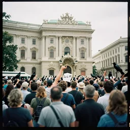 crowd rally against a large leg in vienna, shot on kodak portra 4 0 0 3 5 mm film