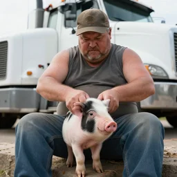 photo of : a tough old fat trucker has a small piglet between his legs and he is twisting the piglet, in front of his semi - truck.