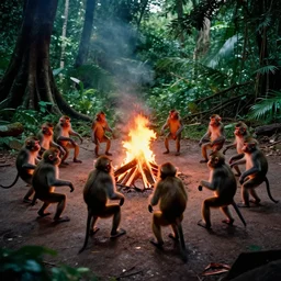 real life 1 2 monkeys dancing in circle, bonfire in center, a jungle, cinematic, volumetric lighting, vivid colours, evil shadows, f 8 aperture, cinematic eastman 5 3 8 4 film, photorealistic