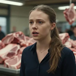 film still close - up shot of greta thunberg giving a speech in a train station full of raw meat. photographic, photography