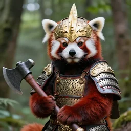 photo of a humanoid red panda dressed in armor with a golden helmet on the head, hold axe in the forest
