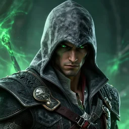 an oil art close up portrait of young man, roma dark rogue, with grey green magic in style of dark souls character, gipsy man rogue character design from assassin's creed, 4 k, ultra detail, volumetric lighting, unreal engine, octane render