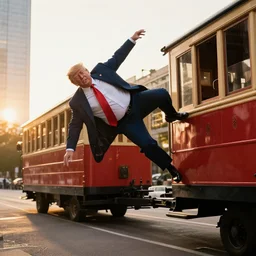 Donald trump falls off of a trolly, caught in 4K, golden hour