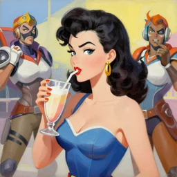 greg manchess portrait painting of a sexy beauty 1 9 4 0's pinup drinking a milkshake as overwatch's characters, medium shot, asymmetrical, profile picture, organic painting, sunny day, matte painting, bold shapes, hard edges, street art, trending on artstation, by huang guangjian and gil elvgren and sachin teng
