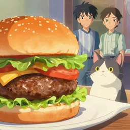 photo of a burger and a cat, ( artstation, style of jesper ejsing, by rhads, makoto shinkai and lois van baarle, ilya kuvshinov, rossdraws )