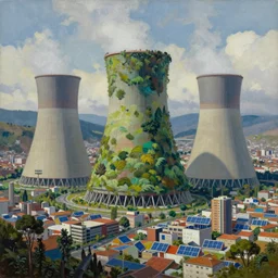 Nuclear Nature Solarpunk harmony; the  mountains and city of Quito are towered over by giant nuclear power plants covered with foliage; by Simon Stålenhag, oil on canvas; Art Direction by James Cameron; 4K, 8K; Ultra-Realistic Depth Shading