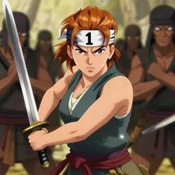 scarlett johansson with angry expression, wearing the number 1 headband, surrounded by bandits, she is holding a samurai sword ready to fight in afro samurai anime