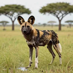 an african wild dog on the african plains, long grass, acacia trees, sparkling water, glistening, hyper realistic, hyper detailed, digital art, trending in artstation, cinematic lighting, studio quality, smooth render, unreal engine 5 rendered, octane rendered, art style by klimt and nixeu and ian sprigger and wlop and krenz cushart