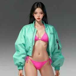 korean woman as a space hunter with dark eyes, she wears a mint bomber jacket, pink bikini. character concept art. royo, artgerm, wlop. fashion. dnd. trending on artstation.