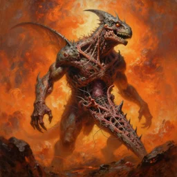 oil painting of behemoth necrotized helicoprion eviscerated by wires, surrounding with orange atomic sky hellstorm, epic fine art painting, cinematic, in style of wayne d barlowe