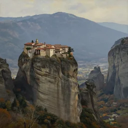 detailed naturalism landscape painting of a monastery on the top of a rough, steep mountain with great view on other mountains, epic, no trees, no foliage, realistic light, epic