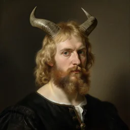 a portrait of a blond, bearded, horned young man in the style of rembrandt