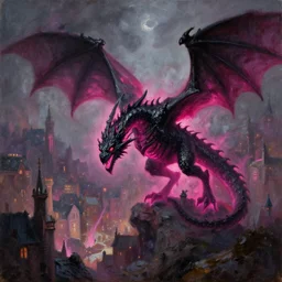 a black dragon with magenta glow terrorises the cities below, by ross tran, oil on canvas