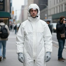 medium format portrait of a man in a radiation suit on the streets of new york by a street photographer from the 1 9 6 0 s, hasselblad film shallow focus portrait, portrait of a man featured on unsplash, soft light photographed on expired color film