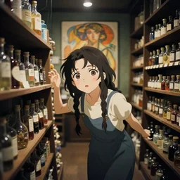lomography, anime, portrait of a young woman in a alchemist's potion shop interior shopping, cute face by alphose mucha and yoshinari yoh, dynamic pose and perspective, dramatic lighting, intricate facial features, ilya kuvshinov